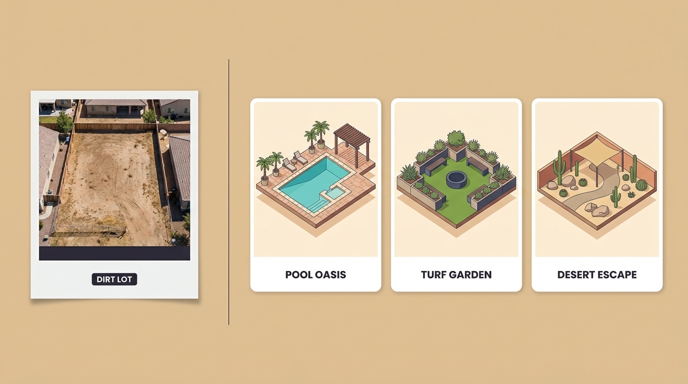 A real dirt-lot backyard beside three concept designs: pool oasis, turf garden, desert escape